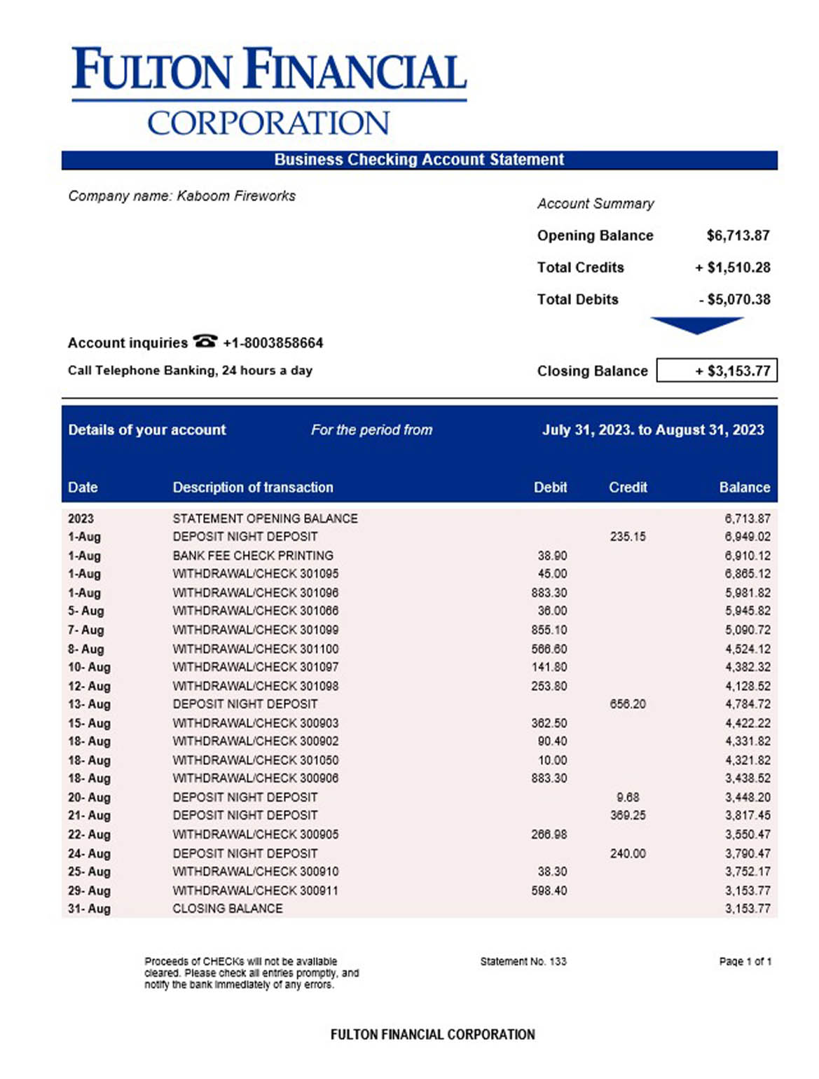 Fulton Financial Corporation enterprise account statement 