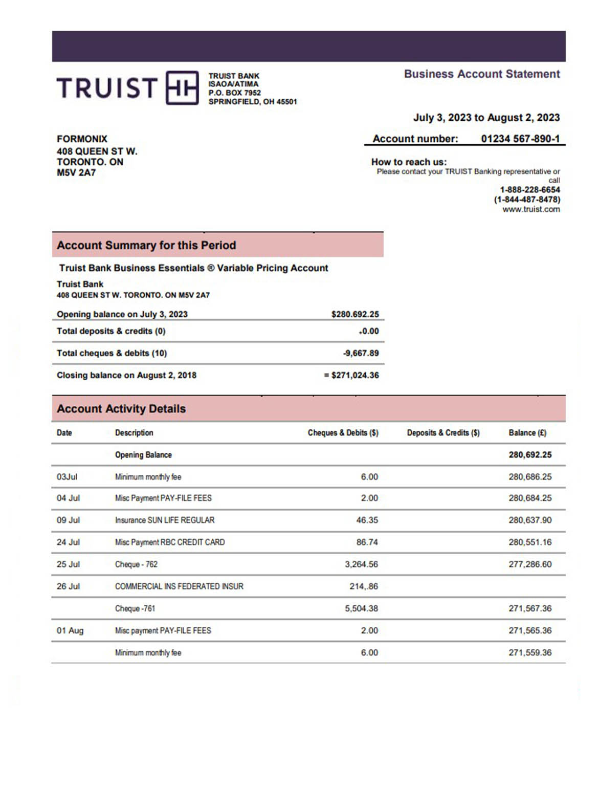  Truist Bank enterprise account statement 