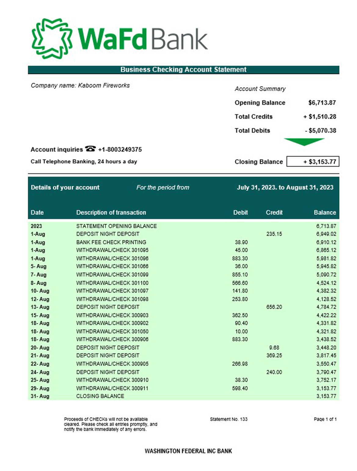  Washington Federal Inc Bank business checking account statement 